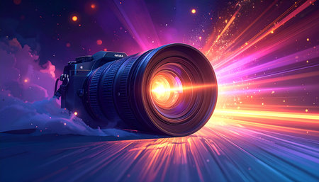 Digital SLR camera with lens flare. 3d rendering digital illustrationの素材