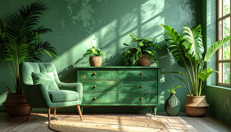 Green living room interior with green armchair and plants, 3d renderの素材