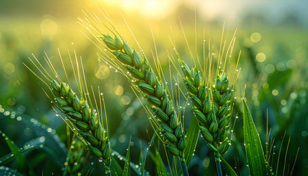 Green wheat field with dew drops on the ears. Nature backgroundの素材