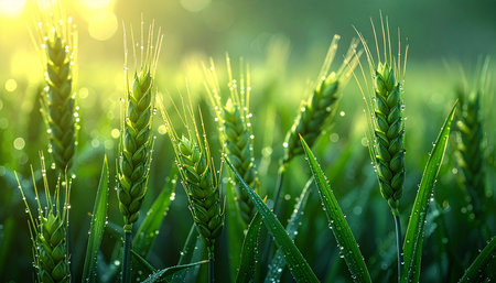 Green wheat field with dew drops close up. Nature background.の素材