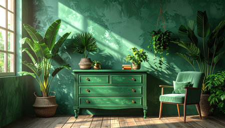 Green living room with green furniture and tropical plants. 3D renderingの素材