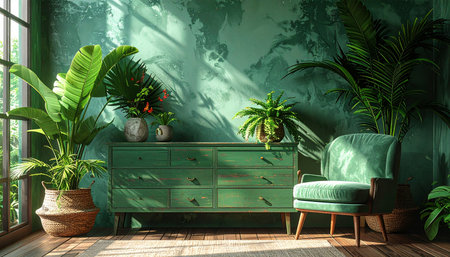 green living room with green furniture and tropical plants - 3d renderingの素材