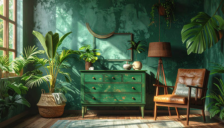 green living room with furniture and plants - 3D Rendered imageの素材