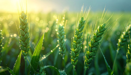 Green wheat field with dew drops at sunrise. Beautiful nature backgroundの素材