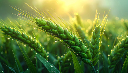 Green wheat ears with dew drops in the rays of the setting sun.の素材
