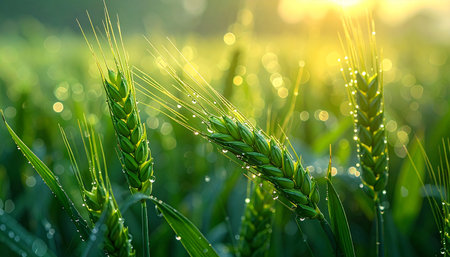 Green wheat field with dew drops in the rays of the setting sunの素材