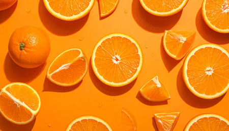 Slices of orange on orange background. Flat lay, top viewの素材