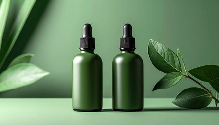 Mockup of green glass dropper bottles with green leaves on green backgroundの素材