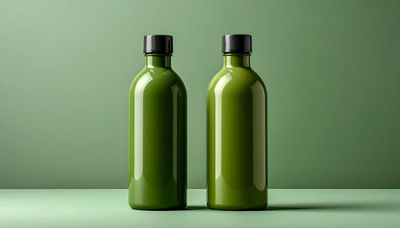 Mockup of two bottles of olive oil on a green backgroundの素材