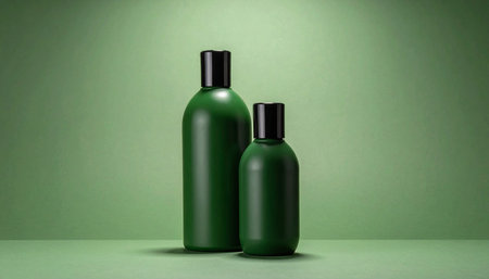 Mockup of two green plastic cosmetic bottles on green background.の素材