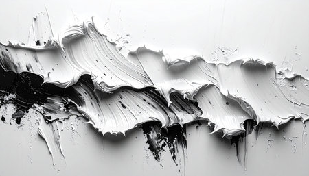Black and white acrylic paint splashes on white background. Abstract background.の素材