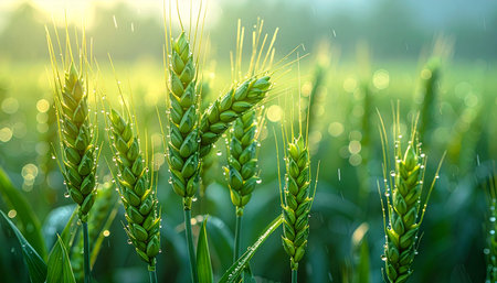 Green wheat field with dew drops. Shallow depth of field.の素材