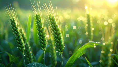 Green ears of wheat with dew drops on the field at sunsetの素材