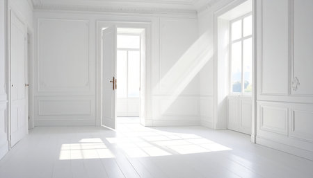 3d render of a white empty room with window in the backgroundの素材