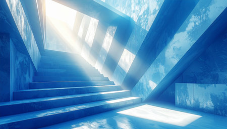 Abstract blue interior with stairs and sunlight. 3d render illustration.の素材