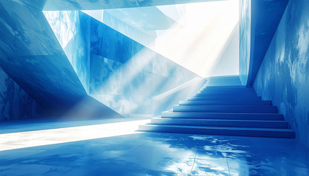 Abstract blue interior with stairs and sunlight, 3d render illustration.の素材