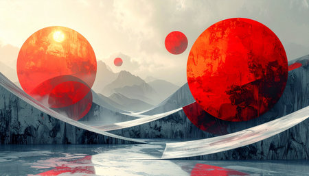 Abstract landscape with red planet. 3d render. Digital illustration.の素材