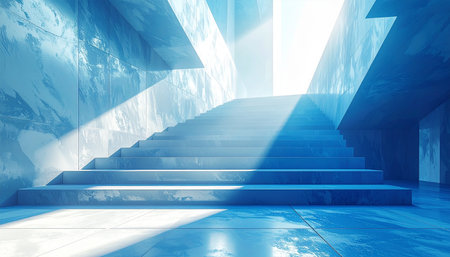Abstract blue interior with stairs and sunlight. 3D Rendering.の素材