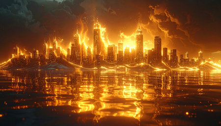 3d illustration of futuristic city with a reflection in the water.の素材