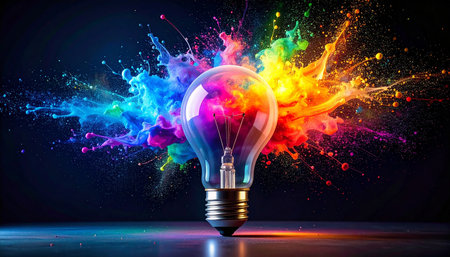 Glowing light bulb and colorful paint splashes on dark background. 3D renderingの素材