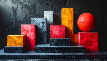 3d render of modern podium with colorful geometric shapes on black wall backgroundの素材