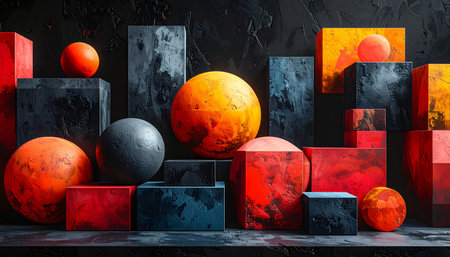 3d render, abstract background with geometric shapes, red, black and orange colorsの素材