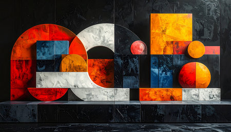 Colorful abstract geometric shapes on a dark background. 3d renderingの素材