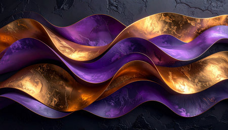 3d render, abstract background with golden and violet wavy elementsの素材