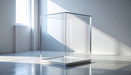 Glass showcase in empty room with light and shadows. 3d renderingの素材