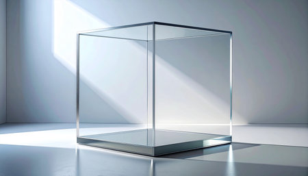 Empty glass showcase for exhibit. 3D rendering. Mock up.の素材