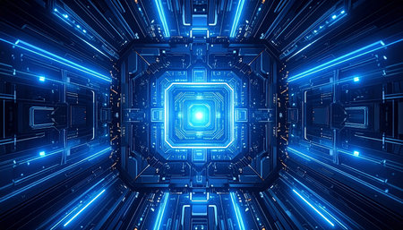 3D illustration of abstract technology background with circuit board and blue lightsの素材