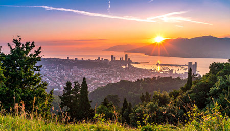 Panoramic view of the city of Trieste at sunset, Italyの素材