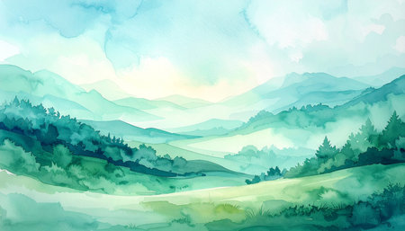 Watercolor landscape with mountains, forest and clouds. Vector illustration.の素材