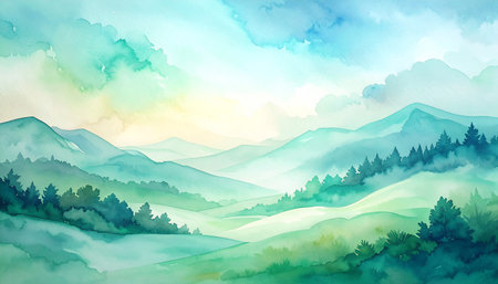 Watercolor landscape with mountains, forest and clouds. Vector illustration.の素材