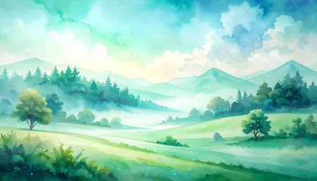 Foggy summer landscape with mountains and meadow. Digital painting.の素材