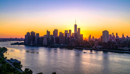 New York City Manhattan downtown skyline panorama at sunset with skyscrapers over Hudson River.の素材