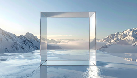 3d render of glass cube on snow surface with mountain background.の素材