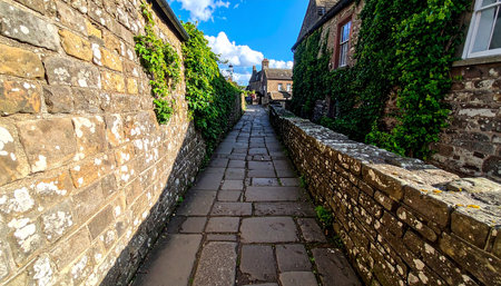 Stone walkway to the old town of Whitby, North Yorkshire, UKの素材