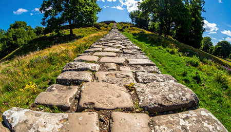 Stone walkway on top of a hillside in the English countrysideの素材