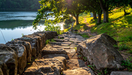 Stone walkway in the park by the lake at sunset time.の素材