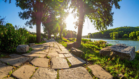 Stone walkway in the park. Beautiful summer landscape at sunset.の素材