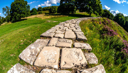 Stone walkway on the top of the hill in the summer.の素材