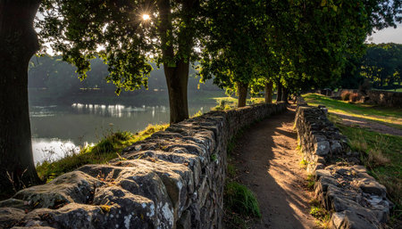 Sunset view of a path leading to a lake in the countrysideの素材