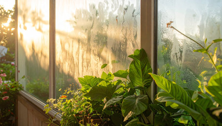 Tropical plants in pots on the windowsill at sunrise.の素材