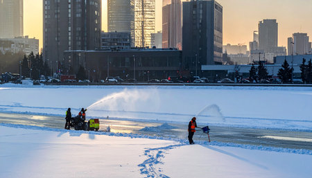 Nizhny Novgorod, Russia. - February 7.2016. Workers clean the snow from the road in the city.の素材