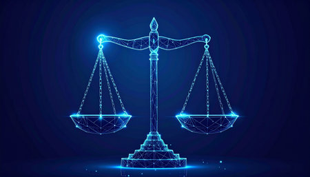 Scales of justice. Polygonal vector illustration. Blue backgroundの素材