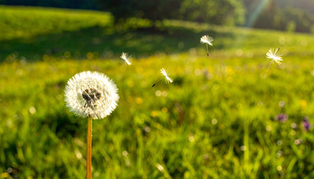 Dandelion flower on green meadow in sunny summer day.の素材