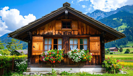 Traditional alpine wooden house with flowers on the foreground, Switzerland.の素材
