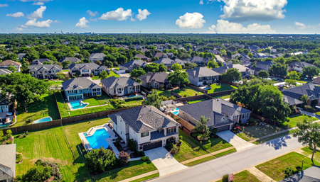 Aerial view of beautiful neighborhood in suburban Dallas, Texas, USAの素材