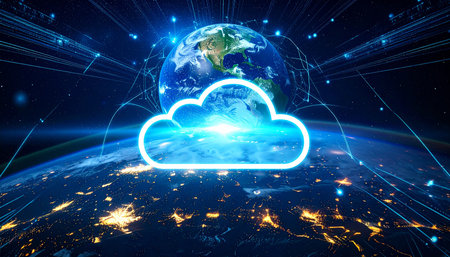 Cloud computing concept with earth globe and connection lines on blue background 3D renderingの素材